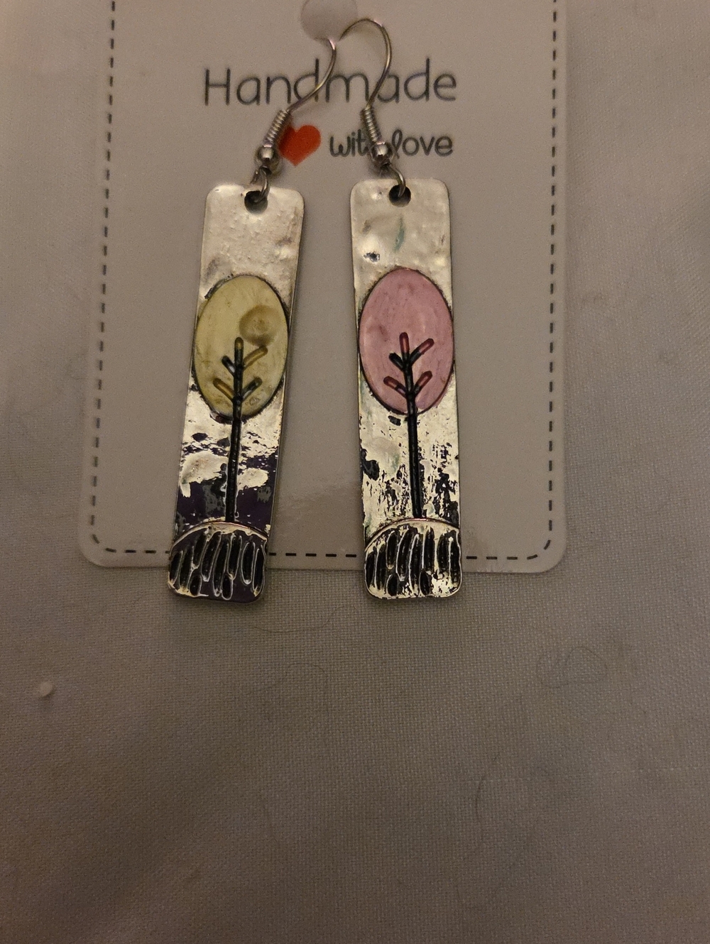 Handmade Silver Dangle Earrings with Pink & Yellow Tree Accents